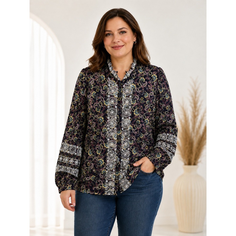 Boden Blouse Women Size 14 Navy Blue Paisley‎ Embroidered Eyelet Ruffle Top